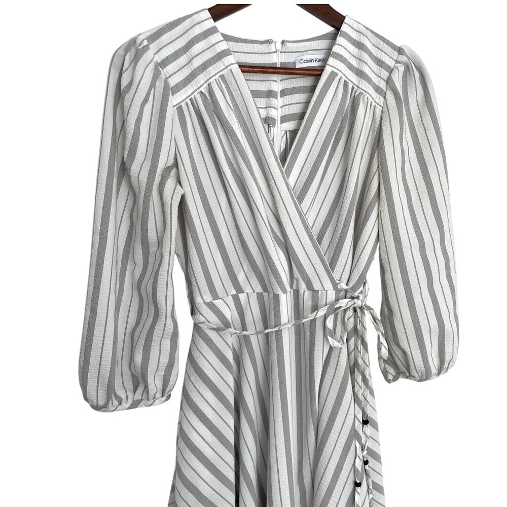 Calvin Klein Wrap Midi Sun Dress Sz 4 White Gray Striped 3/4 Puff Sleeve A Line